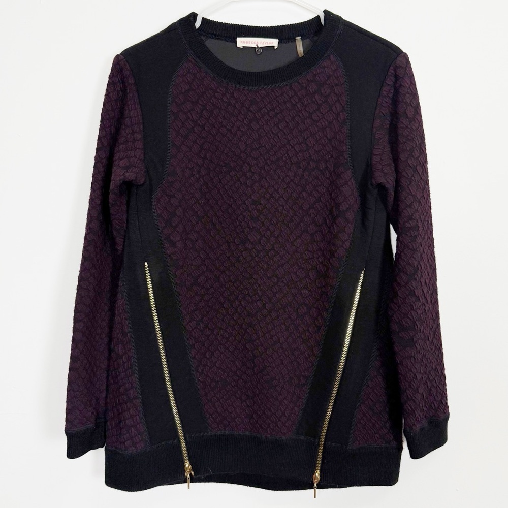 Rebecca Taylor Crewneck Moto Zip Sweater Womens 0 Wine Black Animal Print